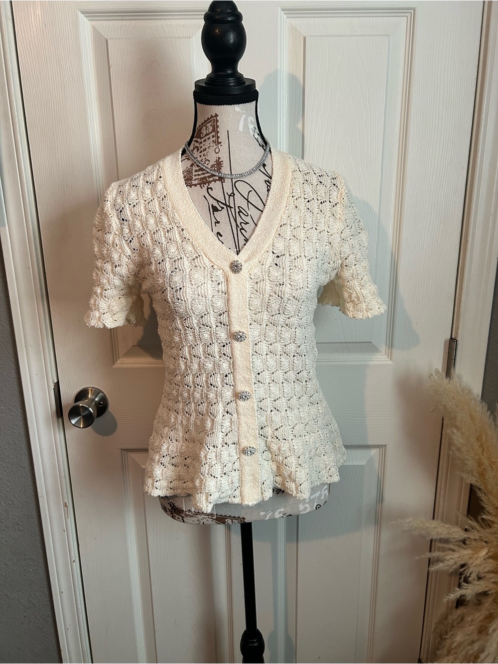 Cream Knit Short Sleeve Rhinestone Button Peplum Top